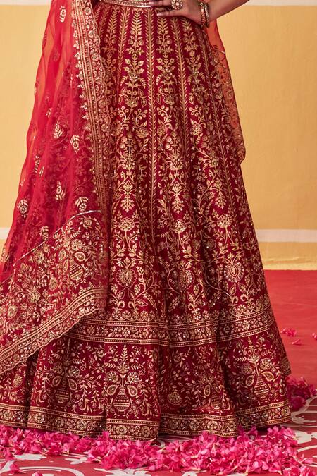 Buy Jigar Mali Red Chanderi Silk, Organza Cut Work, Sequins Floral Stripe Pattern Lehenga Set Online at Aza Fashions Buy_Jigar Mali_Red Chanderi Silk, Organza Cut Work, Sequins Floral Stripe Pattern Lehenga Set _Online_at_Aza_Fashions