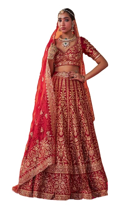 Shop Jigar Mali Red Chanderi Silk, Organza Cut Work, Sequins Floral Stripe Pattern Lehenga Set Online at Aza Fashions Shop_Jigar Mali_Red Chanderi Silk, Organza Cut Work, Sequins Floral Stripe Pattern Lehenga Set _Online_at_Aza_Fashions