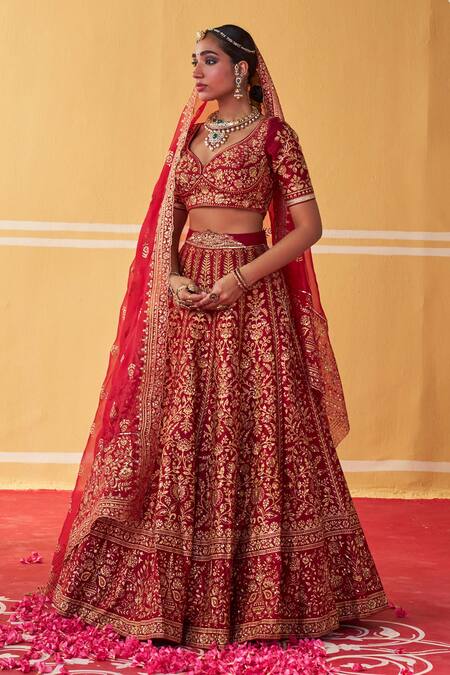 Jigar Mali Red Chanderi Silk, Organza Cut Work, Sequins Floral Stripe Pattern Lehenga Set at Aza Fashions Jigar Mali_Red Chanderi Silk, Organza Cut Work, Sequins Floral Stripe Pattern Lehenga Set _at_Aza_Fashions