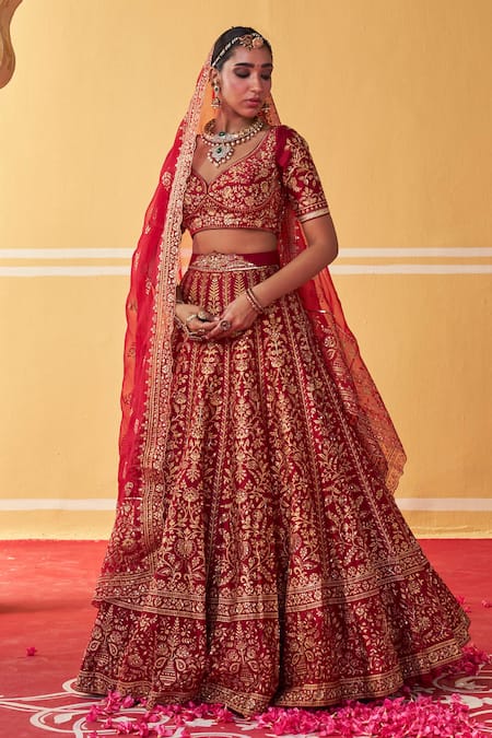 Buy Jigar Mali Red Chanderi Silk, Organza Cut Work, Sequins Floral Stripe Pattern Lehenga Set Buy_Jigar Mali_Red Chanderi Silk, Organza Cut Work, Sequins Floral Stripe Pattern Lehenga Set