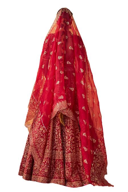 Shop Jigar Mali Red Chanderi Silk, Organza Cut Work, Sequins Floral Stripe Pattern Lehenga Set Shop_Jigar Mali_Red Chanderi Silk, Organza Cut Work, Sequins Floral Stripe Pattern Lehenga Set