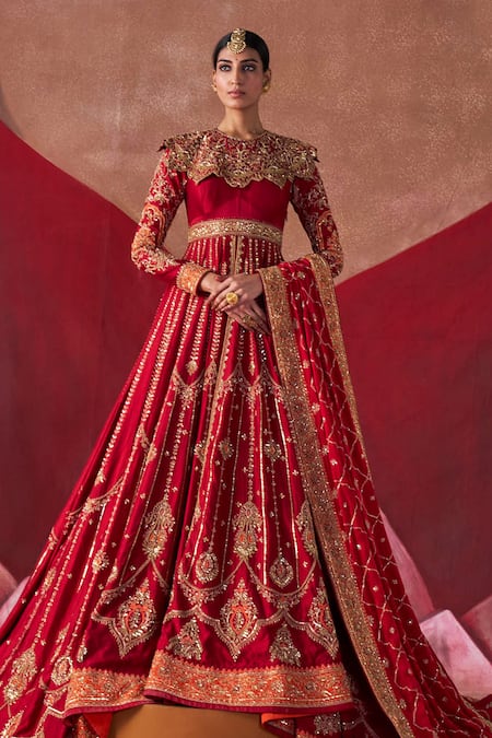 Jigar Mali Red Chiniya Silk Embroidery Dori Round Jacket Anarkali Set 