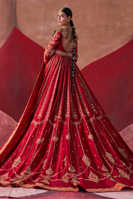 Shop Jigar Mali Red Chiniya Silk Embroidery Dori Round Jacket Anarkali Set at Aza Fashions Shop_Jigar Mali_Red Chiniya Silk Embroidery Dori Round Jacket Anarkali Set _at_Aza_Fashions