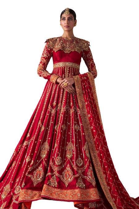 Jigar Mali Red Chiniya Silk Embroidery Dori Round Jacket Anarkali Set Online at Aza Fashions Jigar Mali_Red Chiniya Silk Embroidery Dori Round Jacket Anarkali Set _Online_at_Aza_Fashions