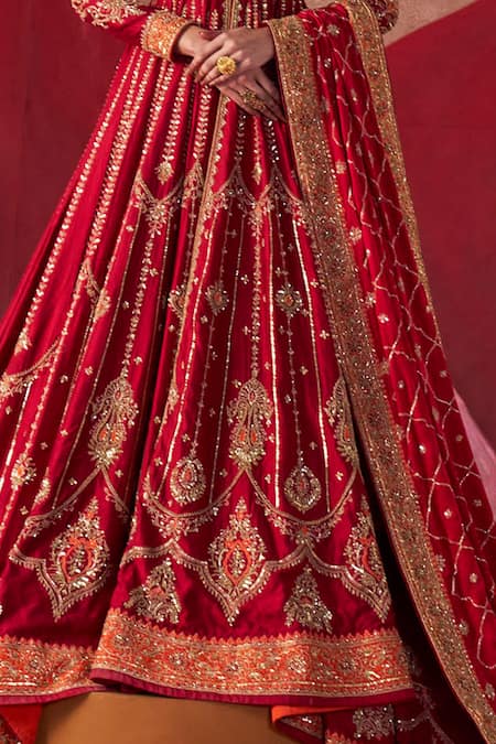 Buy Jigar Mali Red Chiniya Silk Embroidery Dori Round Jacket Anarkali Set Online at Aza Fashions Buy_Jigar Mali_Red Chiniya Silk Embroidery Dori Round Jacket Anarkali Set _Online_at_Aza_Fashions