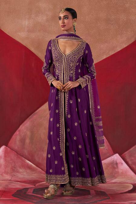 Shop Jigar Mali Purple Organza, Chanderi Sequins, Cut Work, Floral Yoke Jacket Anarkali Set Online at Aza Fashions Shop_Jigar Mali_Purple Organza, Chanderi Sequins, Cut Work, Floral Yoke Jacket Anarkali Set _Online_at_Aza_Fashions