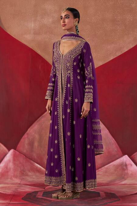 Jigar Mali Purple Organza, Chanderi Sequins, Cut Work, Floral Yoke Jacket Anarkali Set at Aza Fashions Jigar Mali_Purple Organza, Chanderi Sequins, Cut Work, Floral Yoke Jacket Anarkali Set _at_Aza_Fashions