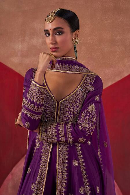 Buy Jigar Mali Purple Organza, Chanderi Sequins, Cut Work, Floral Yoke Jacket Anarkali Set Buy_Jigar Mali_Purple Organza, Chanderi Sequins, Cut Work, Floral Yoke Jacket Anarkali Set
