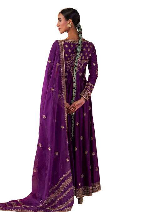 Shop Jigar Mali Purple Organza, Chanderi Sequins, Cut Work, Floral Yoke Jacket Anarkali Set Shop_Jigar Mali_Purple Organza, Chanderi Sequins, Cut Work, Floral Yoke Jacket Anarkali Set