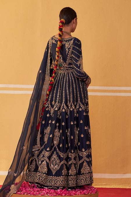 Shop Jigar Mali Blue Organza, Chanderi Beads, Sequins, Cutdana Embroidered Jacket Anarkali Set at Aza Fashions Shop_Jigar Mali_Blue Organza, Chanderi Beads, Sequins, Cutdana Embroidered Jacket Anarkali Set _at_Aza_Fashions