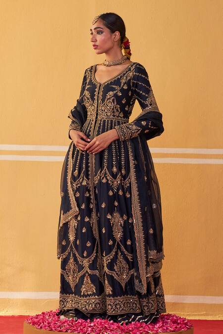 Jigar Mali Blue Organza, Chanderi Beads, Sequins, Cutdana Embroidered Jacket Anarkali Set Online at Aza Fashions Jigar Mali_Blue Organza, Chanderi Beads, Sequins, Cutdana Embroidered Jacket Anarkali Set _Online_at_Aza_Fashions