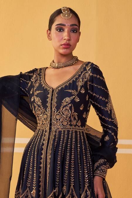 Jigar Mali Blue Organza, Chanderi Beads, Sequins, Cutdana Embroidered Jacket Anarkali Set at Aza Fashions Jigar Mali_Blue Organza, Chanderi Beads, Sequins, Cutdana Embroidered Jacket Anarkali Set _at_Aza_Fashions