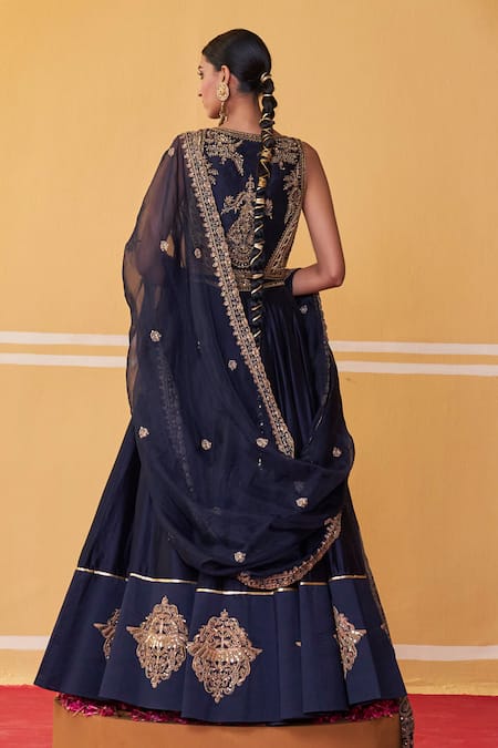 Shop Jigar Mali Blue Organza, Chanderi Beads, Sequins, Floral Border Lehenga Jacket Set at Aza Fashions Shop_Jigar Mali_Blue Organza, Chanderi Beads, Sequins, Floral Border Lehenga Jacket Set _at_Aza_Fashions