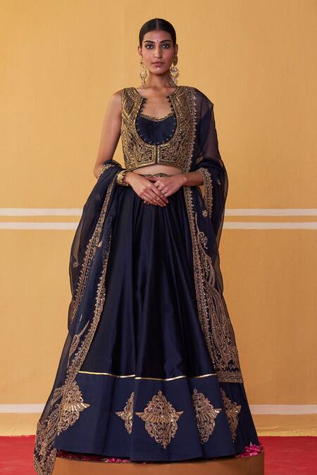 Jigar Mali Blue Organza, Chanderi Beads, Sequins, Floral Border Lehenga Jacket Set Online at Aza Fashions Jigar Mali_Blue Organza, Chanderi Beads, Sequins, Floral Border Lehenga Jacket Set _Online_at_Aza_Fashions