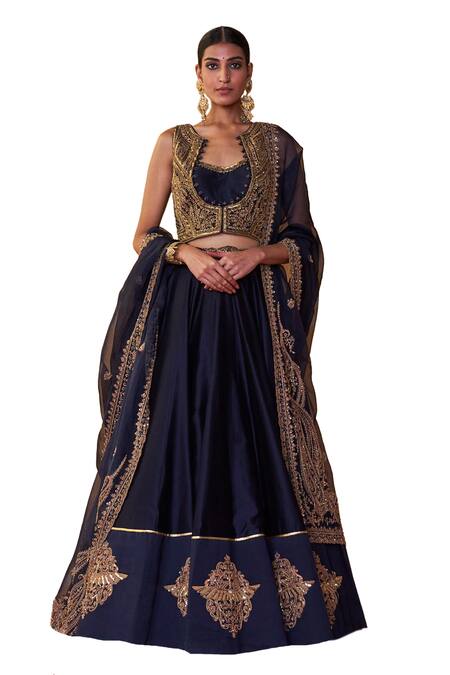 Buy Jigar Mali Blue Organza, Chanderi Beads, Sequins, Floral Border Lehenga Jacket Set Online at Aza Fashions Buy_Jigar Mali_Blue Organza, Chanderi Beads, Sequins, Floral Border Lehenga Jacket Set _Online_at_Aza_Fashions