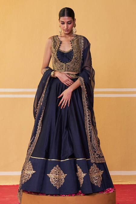 Shop Jigar Mali Blue Organza, Chanderi Beads, Sequins, Floral Border Lehenga Jacket Set Online at Aza Fashions Shop_Jigar Mali_Blue Organza, Chanderi Beads, Sequins, Floral Border Lehenga Jacket Set _Online_at_Aza_Fashions