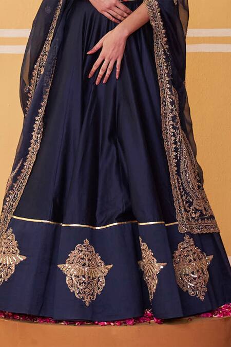 Jigar Mali Blue Organza, Chanderi Beads, Sequins, Floral Border Lehenga Jacket Set at Aza Fashions Jigar Mali_Blue Organza, Chanderi Beads, Sequins, Floral Border Lehenga Jacket Set _at_Aza_Fashions