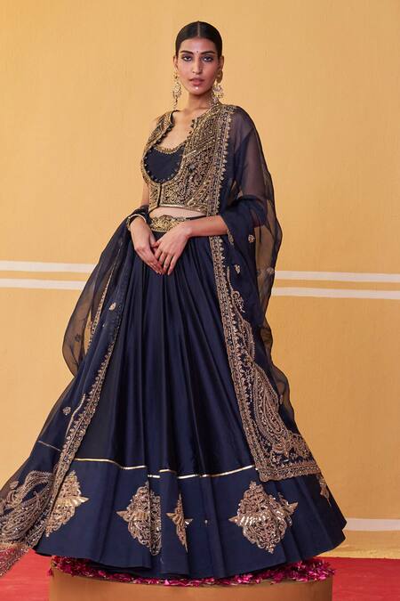 Buy Jigar Mali Blue Organza, Chanderi Beads, Sequins, Floral Border Lehenga Jacket Set Buy_Jigar Mali_Blue Organza, Chanderi Beads, Sequins, Floral Border Lehenga Jacket Set