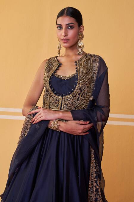 Shop Jigar Mali Blue Organza, Chanderi Beads, Sequins, Floral Border Lehenga Jacket Set Shop_Jigar Mali_Blue Organza, Chanderi Beads, Sequins, Floral Border Lehenga Jacket Set