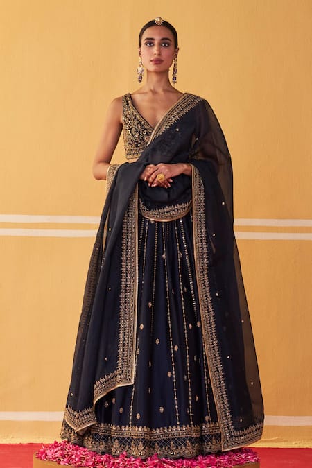 Jigar Mali Stripe Embroidered Lehenga Set 