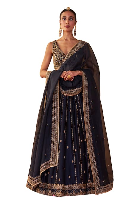 Jigar Mali Blue Organza, Chanderi Sequins, Beads Plunge Neck Stripe Embroidered Lehenga Set Online at Aza Fashions Jigar Mali_Blue Organza, Chanderi Sequins, Beads Plunge Neck Stripe Embroidered Lehenga Set _Online_at_Aza_Fashions