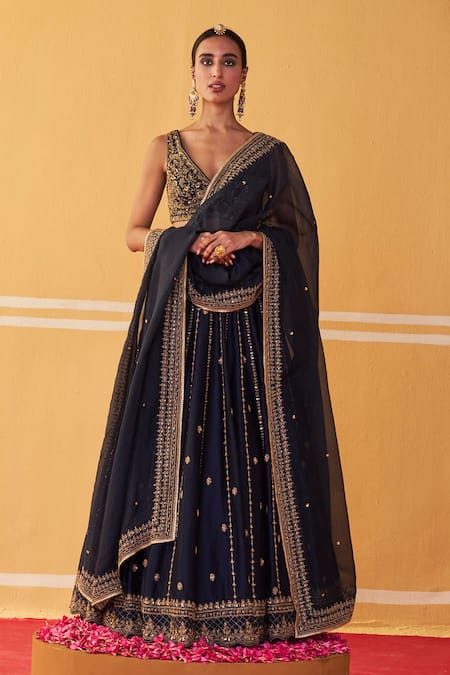 Buy Jigar Mali Blue Organza, Chanderi Sequins, Beads Plunge Neck Stripe Embroidered Lehenga Set Online at Aza Fashions Buy_Jigar Mali_Blue Organza, Chanderi Sequins, Beads Plunge Neck Stripe Embroidered Lehenga Set _Online_at_Aza_Fashions