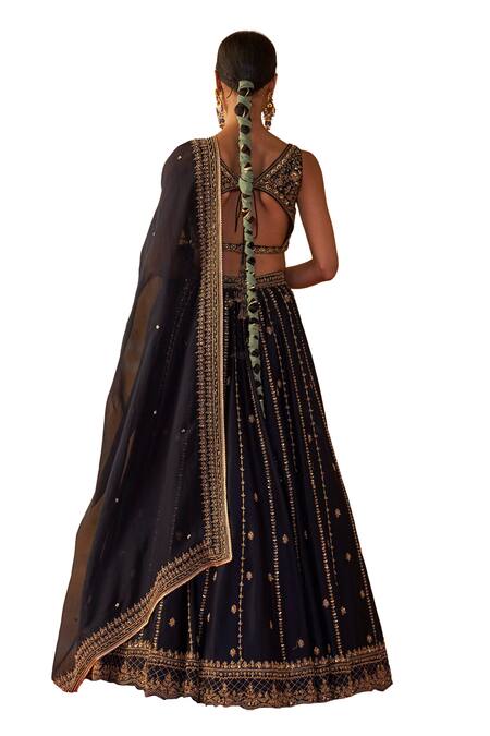 Shop Jigar Mali Blue Organza, Chanderi Sequins, Beads Plunge Neck Stripe Embroidered Lehenga Set Shop_Jigar Mali_Blue Organza, Chanderi Sequins, Beads Plunge Neck Stripe Embroidered Lehenga Set