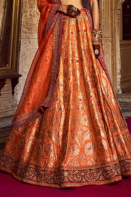 Jigar Mali Orange Organza, Brocade Embroidery Sweetheart Botanical Woven Bridal Lehenga Set Online at Aza Fashions Jigar Mali_Orange Organza, Brocade Embroidery Sweetheart Botanical Woven Bridal Lehenga Set _Online_at_Aza_Fashions