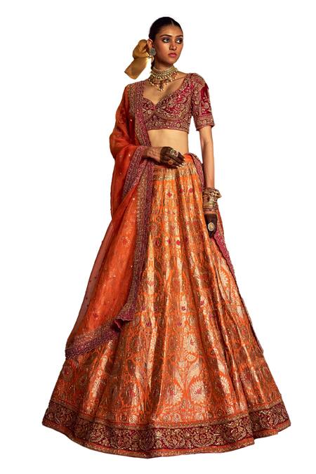 Buy Jigar Mali Orange Organza, Brocade Embroidery Sweetheart Botanical Woven Bridal Lehenga Set Online at Aza Fashions Buy_Jigar Mali_Orange Organza, Brocade Embroidery Sweetheart Botanical Woven Bridal Lehenga Set _Online_at_Aza_Fashions