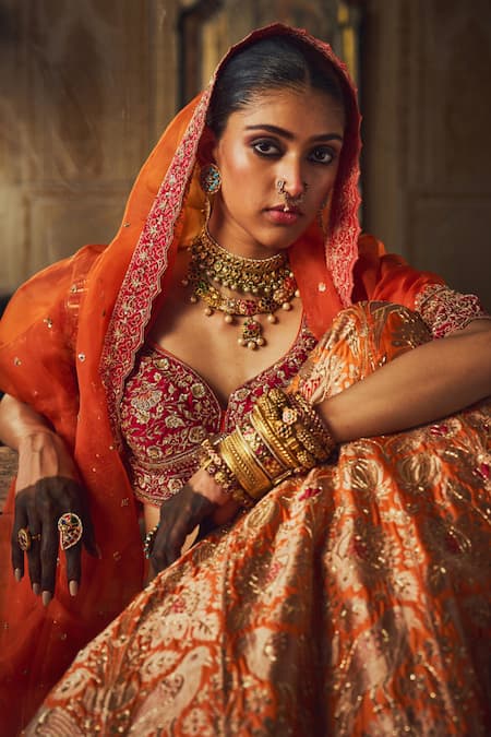 Shop Jigar Mali Orange Organza, Brocade Embroidery Sweetheart Botanical Woven Bridal Lehenga Set Online at Aza Fashions Shop_Jigar Mali_Orange Organza, Brocade Embroidery Sweetheart Botanical Woven Bridal Lehenga Set _Online_at_Aza_Fashions