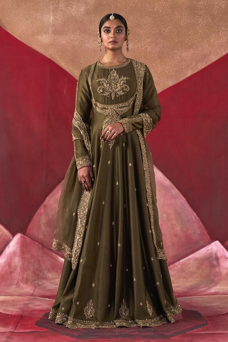 Jigar Mali Green Organza, Chanderi Cut Work, Sequins, Beads, Embroidery Round Anarkali Set 