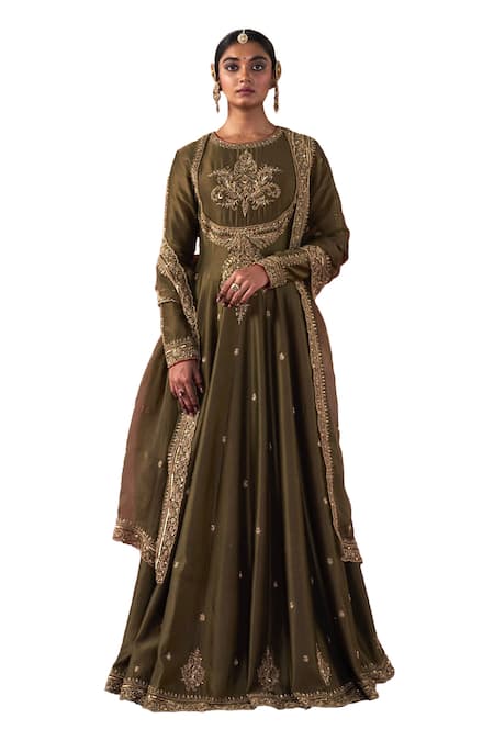 Jigar Mali Green Organza, Chanderi Cut Work, Sequins, Beads, Embroidery Round Anarkali Set Online at Aza Fashions Jigar Mali_Green Organza, Chanderi Cut Work, Sequins, Beads, Embroidery Round Anarkali Set _Online_at_Aza_Fashions
