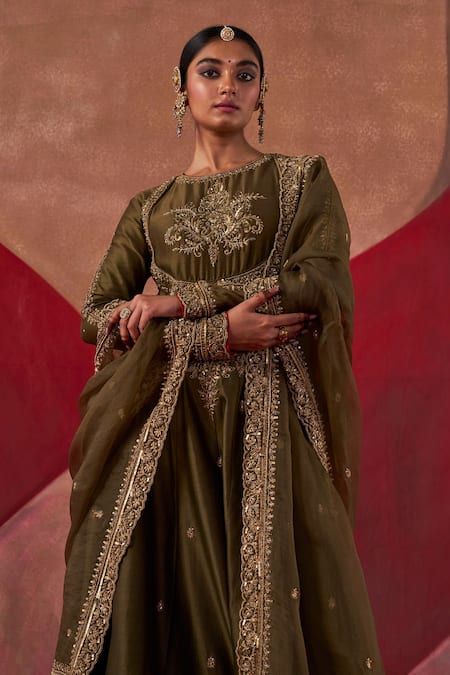 Shop Jigar Mali Green Organza, Chanderi Cut Work, Sequins, Beads, Embroidery Round Anarkali Set Shop_Jigar Mali_Green Organza, Chanderi Cut Work, Sequins, Beads, Embroidery Round Anarkali Set