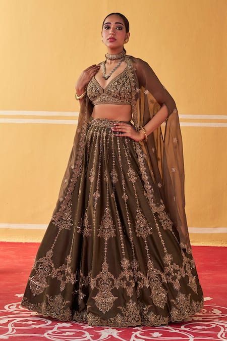 Jigar Mali Green Chanderi, Organza Embroidery Hand Blouse Lehenga Set 