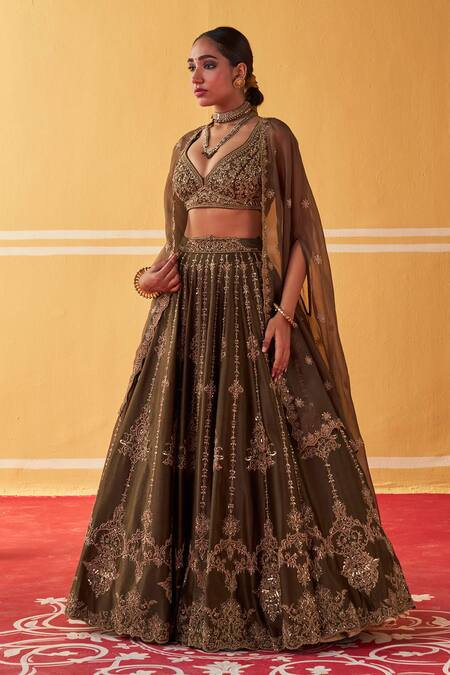 Shop Jigar Mali Green Chanderi, Organza Embroidery Hand Blouse Lehenga Set Online at Aza Fashions Shop_Jigar Mali_Green Chanderi, Organza Embroidery Hand Blouse Lehenga Set _Online_at_Aza_Fashions