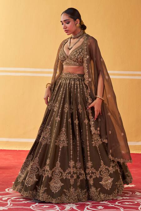 Jigar Mali Green Chanderi, Organza Embroidery Hand Blouse Lehenga Set at Aza Fashions Jigar Mali_Green Chanderi, Organza Embroidery Hand Blouse Lehenga Set _at_Aza_Fashions