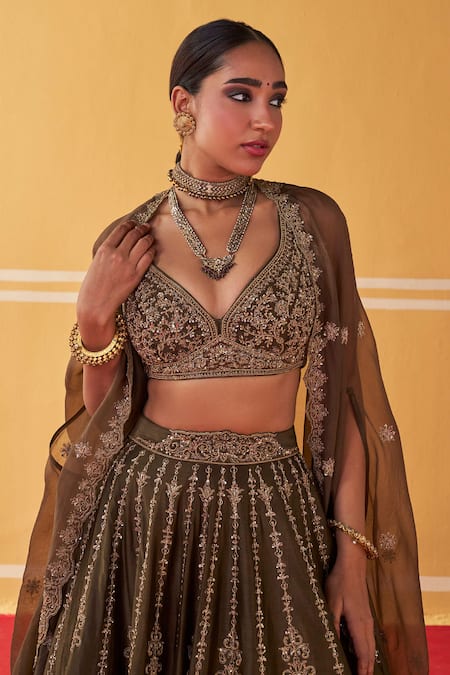 Shop Jigar Mali Green Chanderi, Organza Embroidery Hand Blouse Lehenga Set Shop_Jigar Mali_Green Chanderi, Organza Embroidery Hand Blouse Lehenga Set