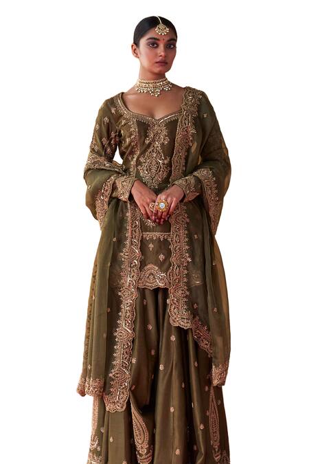 Buy Jigar Mali Green Chanderi, Organza Embroidery Sweetheart Neck Hand Kurta Sharara Set Online at Aza Fashions Buy_Jigar Mali_Green Chanderi, Organza Embroidery Sweetheart Neck Hand Kurta Sharara Set _Online_at_Aza_Fashions