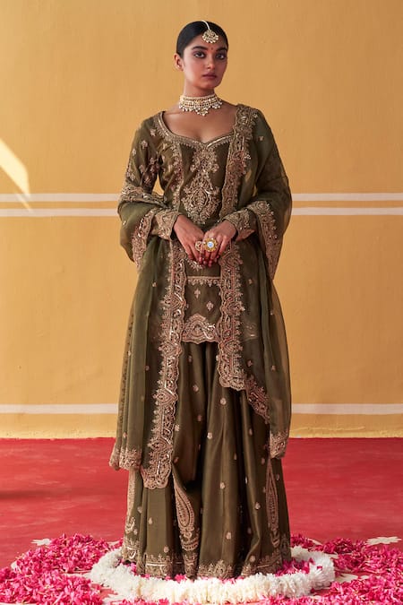 Shop Jigar Mali Green Chanderi, Organza Embroidery Sweetheart Neck Hand Kurta Sharara Set Online at Aza Fashions Shop_Jigar Mali_Green Chanderi, Organza Embroidery Sweetheart Neck Hand Kurta Sharara Set _Online_at_Aza_Fashions