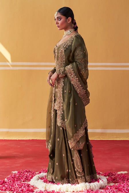 Jigar Mali Green Chanderi, Organza Embroidery Sweetheart Neck Hand Kurta Sharara Set at Aza Fashions Jigar Mali_Green Chanderi, Organza Embroidery Sweetheart Neck Hand Kurta Sharara Set _at_Aza_Fashions