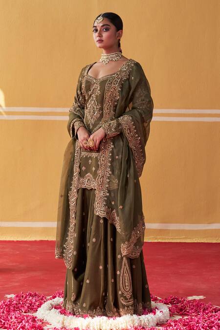 Buy Jigar Mali Green Chanderi, Organza Embroidery Sweetheart Neck Hand Kurta Sharara Set Buy_Jigar Mali_Green Chanderi, Organza Embroidery Sweetheart Neck Hand Kurta Sharara Set