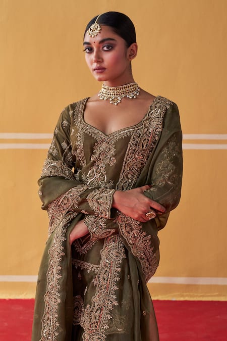 Shop Jigar Mali Green Chanderi, Organza Embroidery Sweetheart Neck Hand Kurta Sharara Set Shop_Jigar Mali_Green Chanderi, Organza Embroidery Sweetheart Neck Hand Kurta Sharara Set