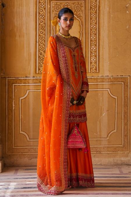 Shop Jigar Mali Orange Chanderi, Organza Embroidery Dori Hand Kurta Sharara Set at Aza Fashions Shop_Jigar Mali_Orange Chanderi, Organza Embroidery Dori Hand Kurta Sharara Set _at_Aza_Fashions