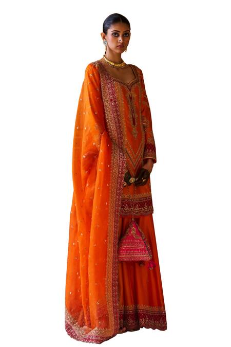 Buy Jigar Mali Orange Chanderi, Organza Embroidery Dori Hand Kurta Sharara Set Online at Aza Fashions Buy_Jigar Mali_Orange Chanderi, Organza Embroidery Dori Hand Kurta Sharara Set _Online_at_Aza_Fashions