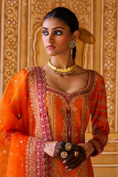 Shop Jigar Mali Orange Chanderi, Organza Embroidery Dori Hand Kurta Sharara Set Online at Aza Fashions Shop_Jigar Mali_Orange Chanderi, Organza Embroidery Dori Hand Kurta Sharara Set _Online_at_Aza_Fashions