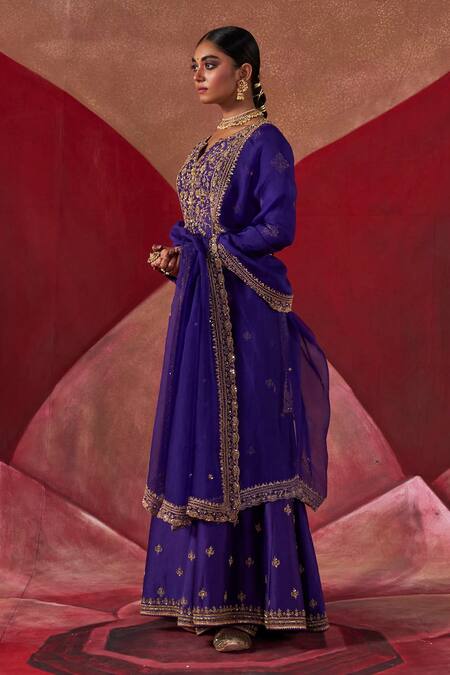 Buy_Jigar Mali_Purple Chanderi, Organza Embroidery Split V-neck Hand Anarkali Pant Set_Online_at_Aza_Fashions