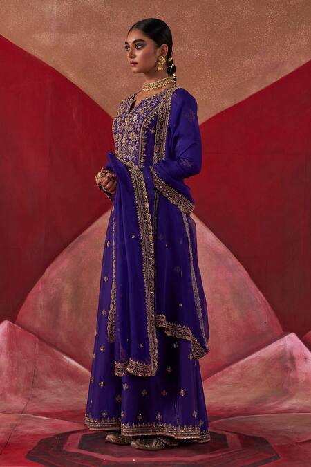 Shop_Jigar Mali_Purple Chanderi, Organza Embroidery Split V-neck Hand Anarkali Pant Set_Online_at_Aza_Fashions