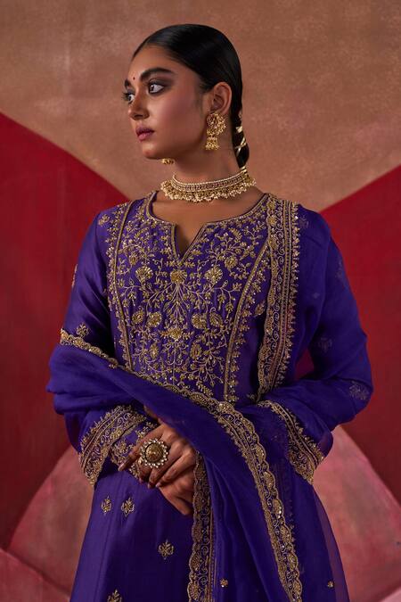 Jigar Mali_Purple Chanderi, Organza Embroidery Split V-neck Hand Anarkali Pant Set_at_Aza_Fashions
