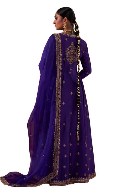Buy_Jigar Mali_Purple Chanderi, Organza Embroidery Split V-neck Hand Anarkali Pant Set
