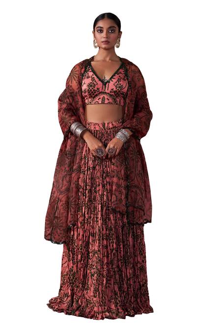 Buy_Jigar Mali_Multi Color Chanderi, Organza Embroidery V-neck Dori Hand Blouse Lehenga Set_Online_at_Aza_Fashions